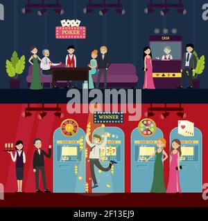 Les gens dans les bannières horizontales de casino avec les visiteurs du personnel des jeux de poker et différents types de machines à sous illustration vectorielle Illustration de Vecteur