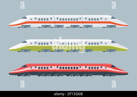 Collection Flat Modern High-speed trains de différentes couleurs sur le gris illustration vectorielle isolée en arrière-plan Illustration de Vecteur