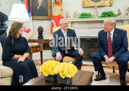 Le président Donald Trump s'entretient avec le premier ministre australien Scott Morrison et Mme Jenny Morrison le vendredi 20 2019 septembre au bureau ovale de la Maison Blanche. Banque D'Images