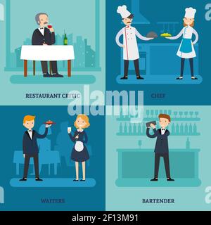 Personnes dans le concept de place de restaurant avec les travailleurs et l'homme dégustation vin dans une illustration vectorielle plate Illustration de Vecteur