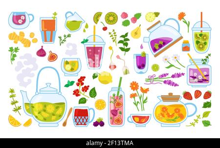 Ensemble de dessins animés pour une tasse de thé et des cocktails. Tasse thé thé thé théière et herbes, fruits, ingrédients pour les boissons. Fleurs dessinées à la main en été, baies pour affiche, menu. Illustration vectorielle colorée et tendance à motif plat Illustration de Vecteur