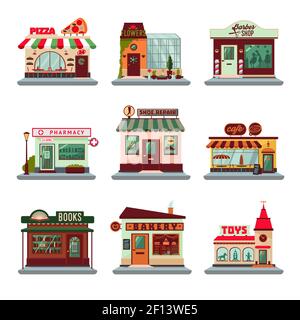 Édifices colorés de la ville avec façades de magasins, boutiques, restaurants et cafés isolés illustration vectorielle Illustration de Vecteur