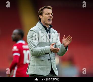 Liverpool. 7 mars 2021. Scott Parker, le Manager de Fulham, célèbre après le match de football de la Premier League entre Liverpool et Fulham à Anfield à Liverpool, en Grande-Bretagne, le 7 mars 2021. Credit: Xinhua/Alay Live News Banque D'Images