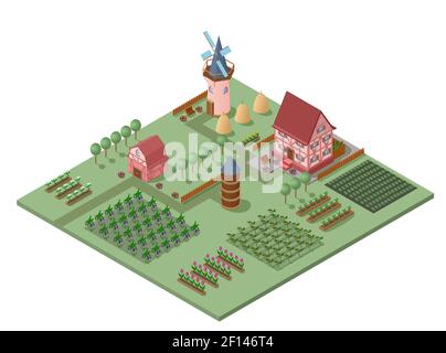 Modèle de paysage agricole isométrique avec bâtiments agricoles arbres verts fleurs illustration vectorielle des champs de légumes et des lits de jardin Illustration de Vecteur