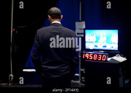 Le président Barack Obama prépare les coulisses avant de prononcer son discours sur l'Afghanistan à l'Académie militaire américaine de West point, le 1er décembre 2009 Banque D'Images