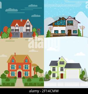 Appartements louer maisons concept avec divers extérieur et architecture dans illustration vectorielle de différentes saisons Illustration de Vecteur