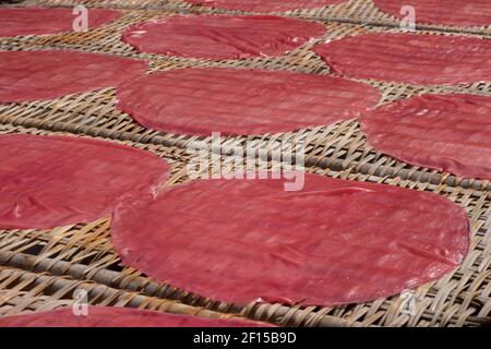 Des crêpes de papier de riz coloré sont posées au soleil pour sécher sur des tapis en rotin. CAN Tho, Delta du Mékong, Vietnam Banque D'Images