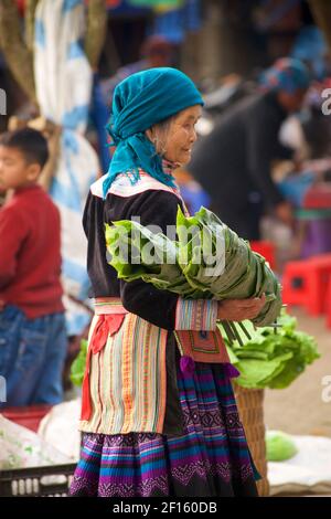 Femme Hmong de fleur âgée en tenue tribale sur le marché avec une pochette de feuilles de palmier. Bac Ha, province Lao Cai. nord du Vietnam Banque D'Images