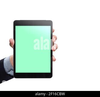 Tablette à main pour homme sur fond blanc Banque D'Images