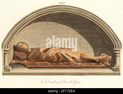 Effigie d'un chevalier normand en armure de l'église de Danbury, XIIIe siècle. Monument en bois sculpté d'un homme en costume d'armure de courrier en chaîne de coif, de hauberk et de tuyau, avec pardessus sans manches. Sa main droite atteignant pour son épée. Peut-être un Chevalier Templier de la famille Saint Clere ou Sinclair. Gravure faite à la main par Joseph Strutt de sa vue complète de la robe et des habitudes du peuple d'Angleterre, Henry Bohn, Londres, 1842. Banque D'Images
