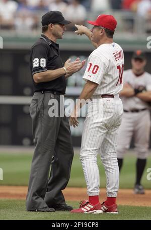 Chicago Cubs' Mike Mahoney, right, watches as Philadelphia Phillies manager Larry  Bowa argues with home plate umpire Laz Diaz in the third inning Thursday,  July 18, 2002, in Philadelphia. The Phillies thought