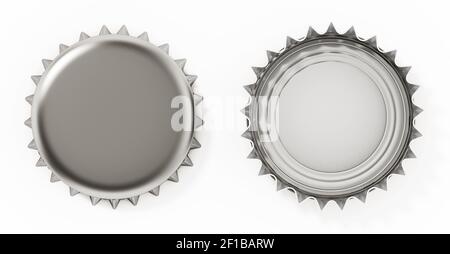 Bouchons de bouteille vue du dessus et de l'arrière isolés sur fond blanc. Illustration 3D. Banque D'Images