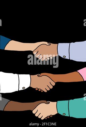 Illustration de six personnes multiethniques qui se secouent la main avec la copie espace sur fond noir Banque D'Images
