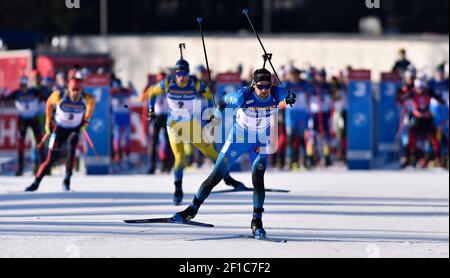 Simon Desthieux, de France, participe à la course masculine de 12 5 km à la coupe du monde de biathlon à Nove Mesto na Morave, en République tchèque, le dimanche 7 mars 2021. (CTK photo/Lubos Pavlicek) Banque D'Images