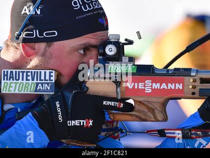 Simon Desthieux, de France, participe à la course masculine de 12 5 km à la coupe du monde de biathlon à Nove Mesto na Morave, en République tchèque, le dimanche 7 mars 2021. (CTK photo/Lubos Pavlicek) Banque D'Images