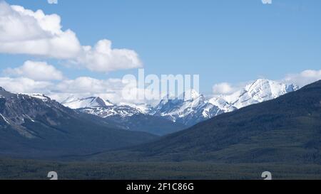 Paysage alpin simple avec forêt en premier plan et sommets enneigés en arrière-plan, photographiés par un ciel bleu ensoleillé à Lake Louise, dans le parc national Banff Banque D'Images