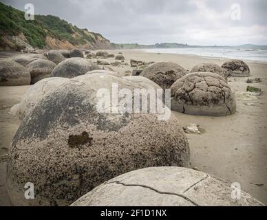 Plage pleine d'énormes rochers de pierre. Tourné le jour couvert sur Moearaki Boulders Beach en Nouvelle-Zélande. Banque D'Images