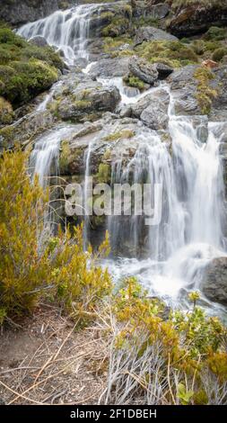 Cascade en cascade avec de l'eau soyeuse, portrait réalisé sur Routeburn Track, Nouvelle-Zélande Banque D'Images