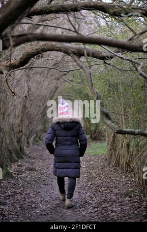 femme solitaire marchant sur un sentier de campagne bordé d'arbres Banque D'Images