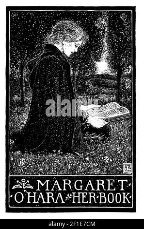 Femme agenouillée dans une bibliothèque de lecture de jardin conçue pour Margaret O”Hara par l'artiste écossais, typographe, graveur de bois et imprimeur, James Guthrie Banque D'Images