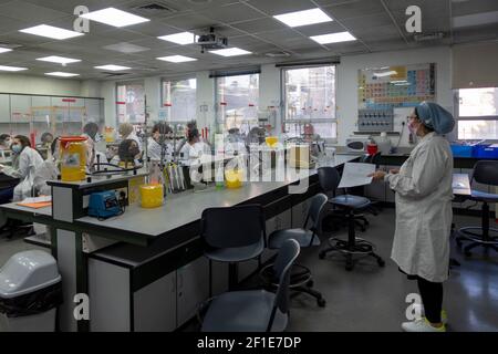 Les étudiants portant des masques de protection contre le COVID-19 ayant une conférence au Département des sciences de laboratoire médical du Collège universitaire d'Hadassah à Jérusalem-Ouest, Israël Banque D'Images