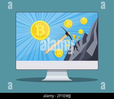 Concept d'exploitation minière Bitcoin avec moniteur, Illustration de Vecteur