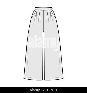 Pantalon jupe palazzo illustration technique de la mode avec taille normale, taille haute, plis doubles, longueur de mollet, poches de couture, large. Pantalon sans pinces de couleur grise. Femmes hommes unisexe CAD maquette Illustration de Vecteur