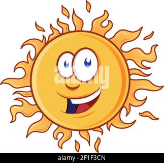 Happy caricature jaune soleil caractère souriant isolé sur bachground blanc Illustration de Vecteur