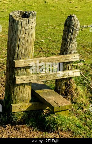 Piquet en bois sur un sentier public dans un champ de la campagne britannique. Banque D'Images