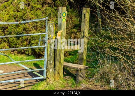 Piquet en bois sur un sentier public dans un champ de la campagne britannique. Banque D'Images