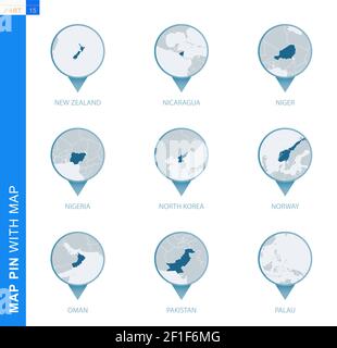 Collection de cartes avec carte détaillée et pays voisins, 9 cartes de Nouvelle-Zélande, Nicaragua, Niger, Nigeria, Corée du Nord, Norvège, Oman, Pa Illustration de Vecteur