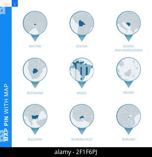Collection de PIN de carte avec carte détaillée et pays voisins, 9 PIN de carte du Bhoutan, Bolivie, Bosnie-Herzégovine, Botswana, Brésil, Brunei, BU Illustration de Vecteur
