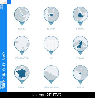 Collection de épingles de carte avec carte détaillée et pays voisins, 9 épingles de carte de l'Érythrée, l'Estonie, l'Éthiopie, les îles Falkland, Fidji, Finlande, France, Illustration de Vecteur