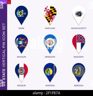 Jeu d'icônes verticales, 9 US staes drapeau : Maine, Maryland, Massachusetts, Michigan, Minnesota, Mississippi, Missouri, Montana, Nebraska Illustration de Vecteur