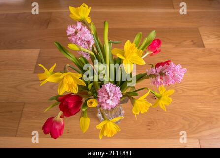 Un arrangement de fleurs coupées, tulipes, jonquilles et jacinthe dans un vase en verre sur un plancher laminé en bois. Banque D'Images