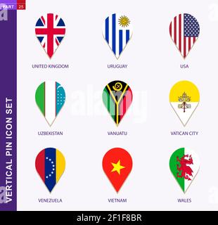 Ensemble d'icônes verticales, 9 drapeau de pays : Royaume-Uni, Uruguay, Etats-Unis, Ouzbékistan, Vanuatu, Vatican, Venezuela, Vietnam, pays de Galles Illustration de Vecteur