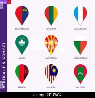 Jeu d'icônes verticales, 9 drapeau national : Liechtenstein, Lituanie, Luxembourg, Macao, Macédoine, Madagascar, Malawi, Malaisie, Maldives Illustration de Vecteur