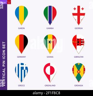 Jeu d'icônes de broches verticales, 9 drapeau de pays : Gabon, Gambie, Géorgie, Allemagne, Ghana, Gibraltar, Grèce, Groenland, Grenade Illustration de Vecteur