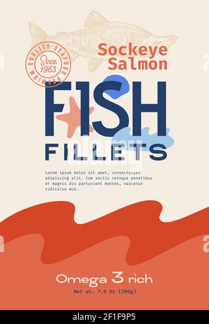 Filets de poisson Abstract Vector Packaging Design ou Label. Typographie moderne, Silhouette de saumon sockeye dessiné à la main et éléments colorés. Papier Illustration de Vecteur