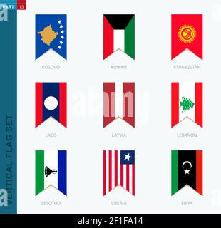 Ensemble neuf indicateurs verticaux vectoriels. Icône verticale avec drapeau du Kosovo, du Koweït, du Kirghizistan, du Laos, de la Lettonie, Liban, Lesotho, Libéria, Libye Illustration de Vecteur