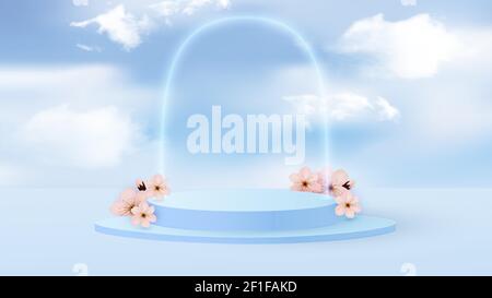 Scène minimale avec formes géométriques. Podium cylindrique bleu clair avec fleurs de printemps en papier. Scène pour la démonstration d'un produit cosmétique Illustration de Vecteur