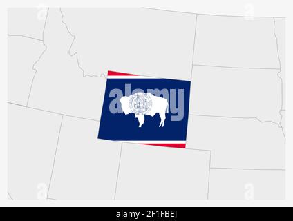 Carte DU Wyoming DE L'ÉTAT DES ÉTATS-UNIS mise en évidence dans les couleurs du drapeau du Wyoming, carte grise avec les États voisins des états-unis. Illustration de Vecteur