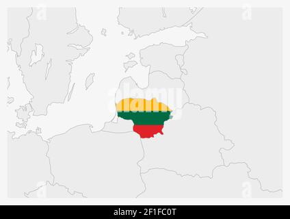 Carte de Lituanie mise en évidence dans les couleurs du drapeau de Lituanie, carte grise avec les pays voisins. Illustration de Vecteur