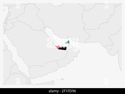 Carte des Émirats arabes Unis mise en évidence dans les couleurs des drapeaux des Émirats arabes Unis, carte grise avec les pays voisins. Illustration de Vecteur
