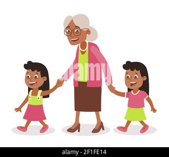 Grand-mère avec ses petits-enfants marchant, elle les prend par la main.deux filles, tweens. Style de dessin animé, isolé sur fond blanc. Illustrateur vectoriel Illustration de Vecteur