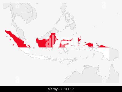 Carte de l'Indonésie mise en évidence dans les couleurs du drapeau de l'Indonésie, carte grise avec les pays voisins. Illustration de Vecteur