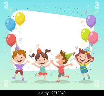 Groupe d'enfants heureux célébrant une fête avec des ballons, des chapeaux de fête et des confettis. Modèle pour créer des cartes d'anniversaire, des invitations, des cadres photo et le verso Illustration de Vecteur