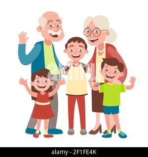 Portrait des grands-parents, petit-fils et deux petits-enfants. Concept de la fête des grands-parents heureux. Illustration vectorielle de style dessin animé, isolée sur fond blanc Illustration de Vecteur