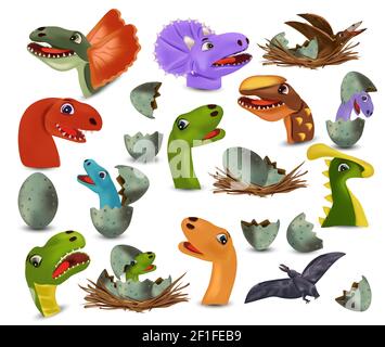 Collection Dinosaur têtes et oeufs dinosaure. Dinosaures Tyrannosaurus, Brachiosaurus, Pterodactyl, Triceratops, personnage de dessin animé de Stegosaurus. L'éclosion de dinosaures à partir d'un œuf. Icône vecteur Illustration de Vecteur