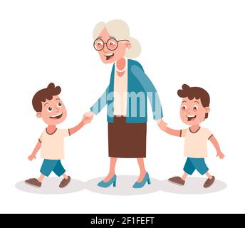 Grand-mère avec ses petits-enfants marchant, elle les prend à la main. Deux garçons, lits jumeaux. Style de dessin animé, isolé sur fond blanc. Vecteur illustrat Illustration de Vecteur